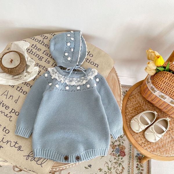 Neugeborenen Baby Strampler Mit Hüte Kleidung Sets Herbst Winter Solide Strick Kleinkinder Kinder Junge Mädchen Pullover Overalls Outfits Strickwaren 2620