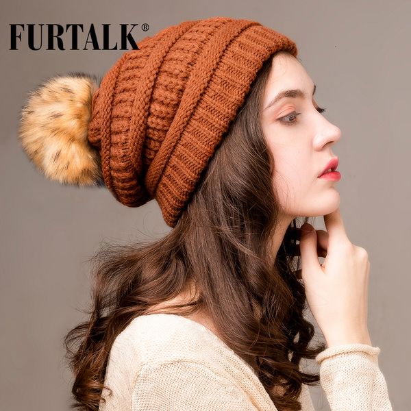 Breite Krempe Hüte Eimer FURTALK Herbst Winter Beanie Hut für Frauen Gestrickte Bommel Slouchy Skullies Weibliche Schwarz Rot Gelb bonnet Cap 230907