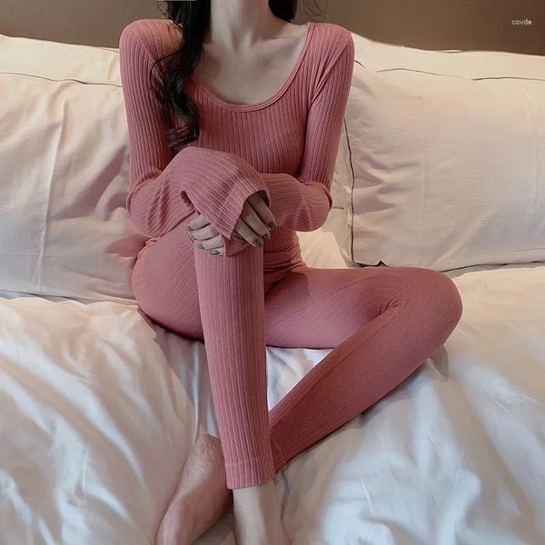 Mulheres sleepwear mulheres manga longa pijama conjunto sólido magro elasticidade lounge simples elegante pijama outono inverno roupa interior térmica