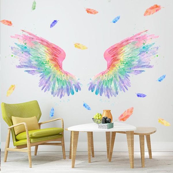 Adesivos de parede colorido asas de sonho para meninas quartos crianças decoração do quarto sala de estar pano de fundo decoração penas decalque