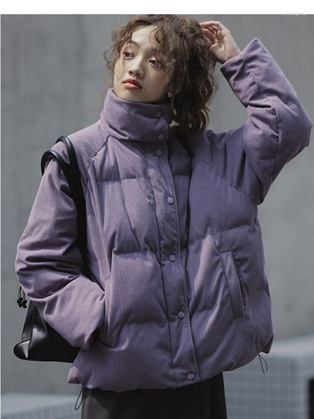 Trench da donna inverno viola colletto alla coreana giacca di cotone ispessito per le donne 2023 velluto a coste coreano moda marea Parka