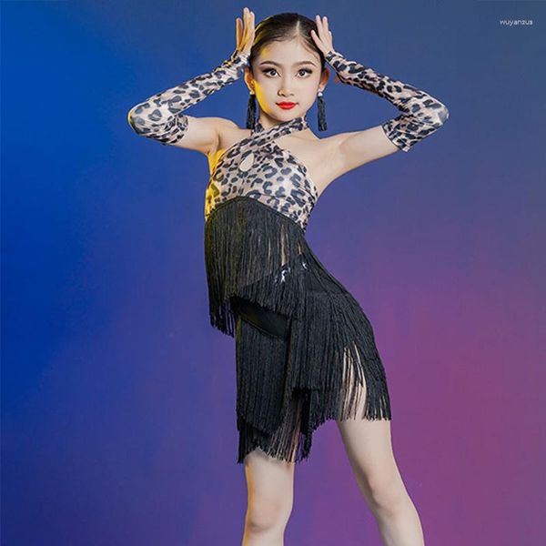 Bühnenkleidung Kinder Latin Dance Outfit Neckholder Tops Schwarzer Rock ChaCha Salsa Performance Mädchen Leopard Fransen Wettbewerb Kostüm VDB7048