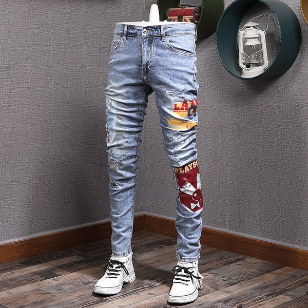 23ss designer jeans roxo marca jeans high street roxo retro pintura mancha pés finos micro elástico jeans homens marca hip-hop moda zíper buraco plus size jean