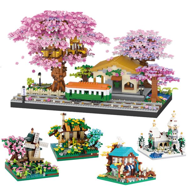 Modello di aereo Sakura House Tree Trains Station Building Blocks Chreey Flowers City Street View Micro Assemble Bricks Collection Giocattolo per adulti Regalo 230907