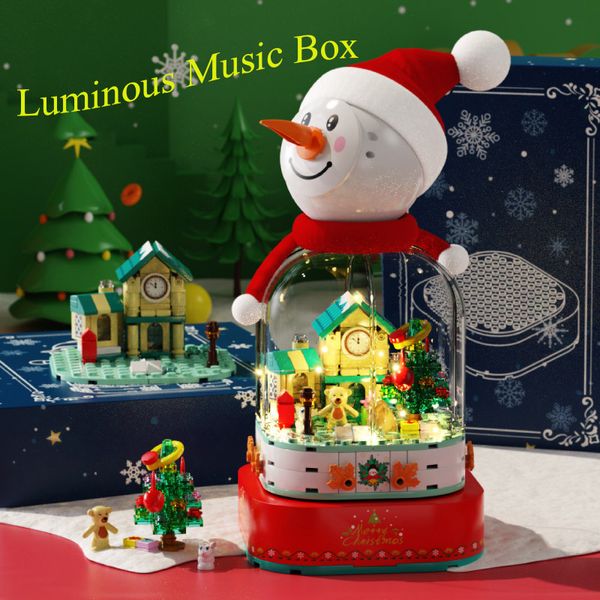 Giocattolo di Natale Pupazzo di neve rotante di Natale LED Carillon luminoso Building Block Giocattoli fai da te Decorazione della casa Giocattoli di Natale Decorazione regalo di compleanno 230906