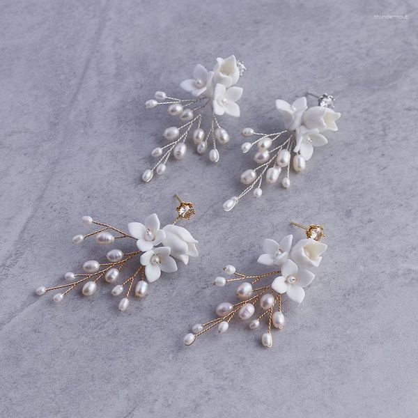 Brincos pendurados pérolas de água doce nupcial flor branca jóias de casamento ouro prata cor artesanal feminino brinco de gota