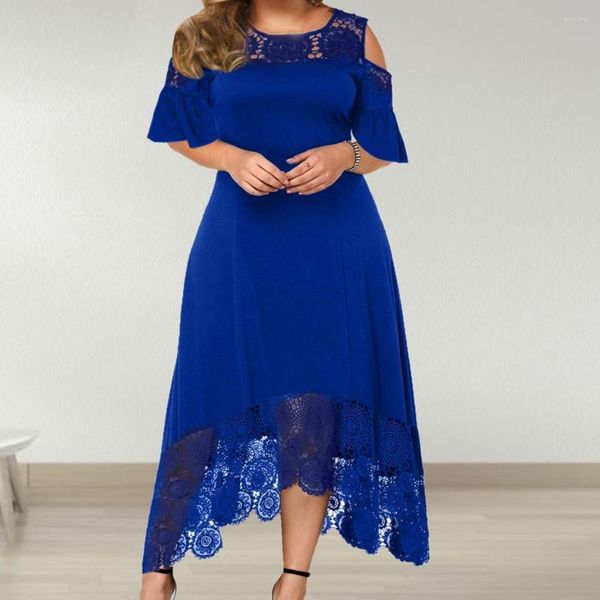 Plus Size Kleider Damen Kleid Party O-Ausschnitt Flare Kurzarm Schulter High-Taille Stickerei Spitze Patchwork High-Low-Saum