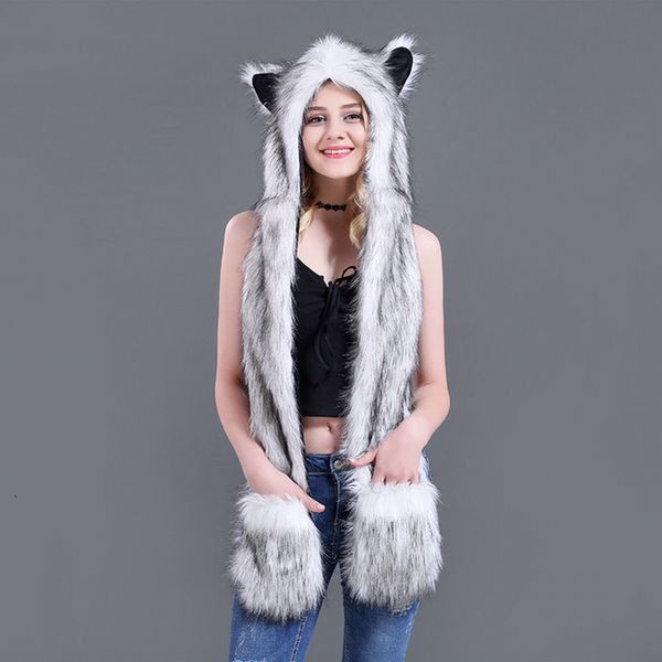 Ampla Brim Chapéus Bucket Faux Fur Hood Animal Hat Orelha Flaps Mão Bolsos Lobo Pelúcia Quente Cap com Lenço Luvas Menina 230907