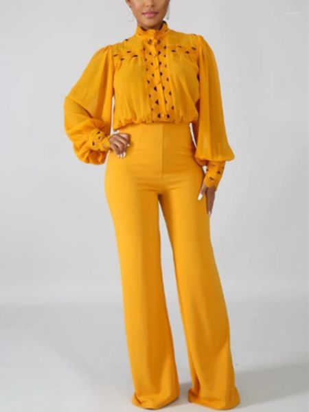 Женские брюки из двух предметов, комплекты брюк, 2 наряда, женские элегантные шифоновые рубашки с длинными рукавами и пуговицами, топы и широкие брюки, костюмы