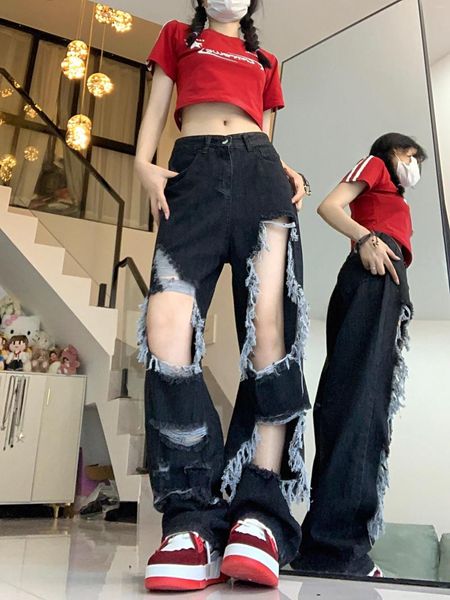 Damen Jeans American Retro High Waist Ripped Sexy Pants 2023 Sommer Casual Baggy Y2K Wide Leg Grunge Streetwear Denim Hose