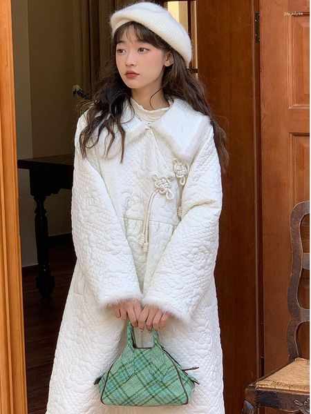 Trench da donna Stile cinese Moda cotone imbottito da donna bavero manica lunga polsini in pelliccia giacche autunno inverno casual dolce outwears