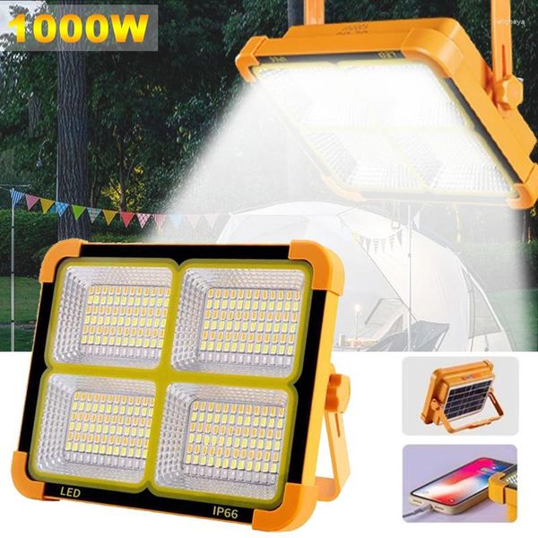 Lanternas portáteis 100W / 1000W Luz solar para acampamento ao ar livre Holofote recarregável Banco de energia de emergência Lâmpada noturna LED Tenda