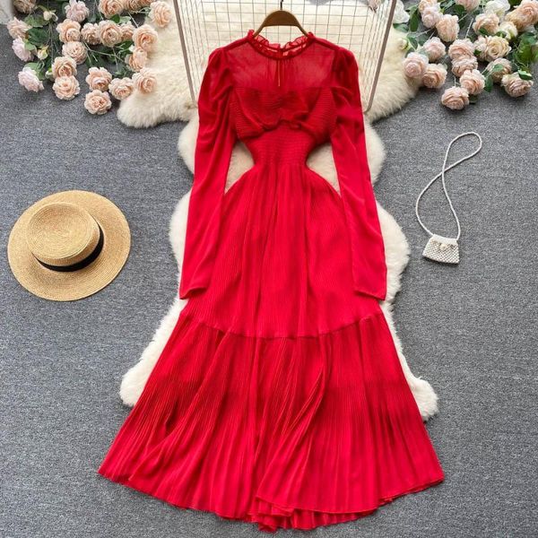 Vestidos casuais elegantes mulheres vestido verão 2023 bolha de mangas compridas férias praia designer roupas chiffon moda maxi