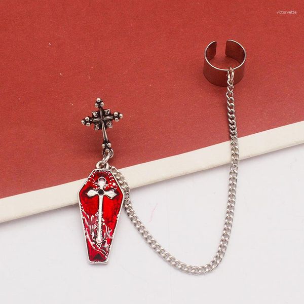 Baumeln Ohrringe Mode Unisex Teile Gothic Antike Silber Farbe Rot Tropfen Öl Kreuz Sarg Ohr Stud Einzelnen Knochen