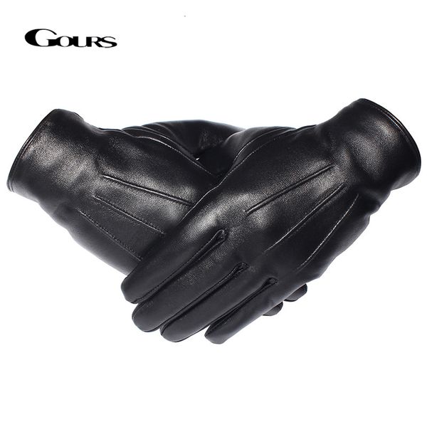 Cinco Dedos Luvas GOURS Luvas de Inverno Homens Luvas de Couro Genuíno Touch Screen Preto Real Pele de Carneiro Forro de Lã Quente Luvas de Condução GSM050 230906