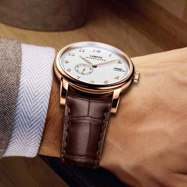 Relógios de pulso Lobinni Suíça Produtos de marca de luxo Mens Watch Mini Rotor Movimento Relógio Super Fino Relógio Mecânico Automático 230907