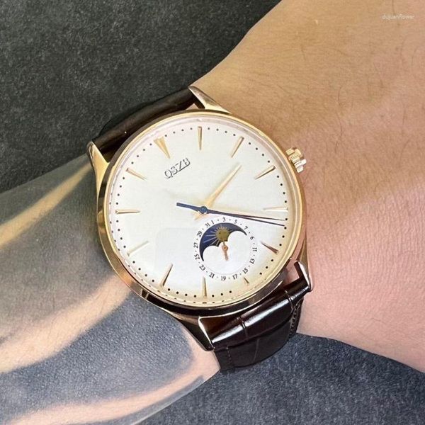 Relógios de pulso ultra fino de alta qualidade luxo negócios homens relógio mecânico automático jj moon estilo 39mm safira face 316 aço fino