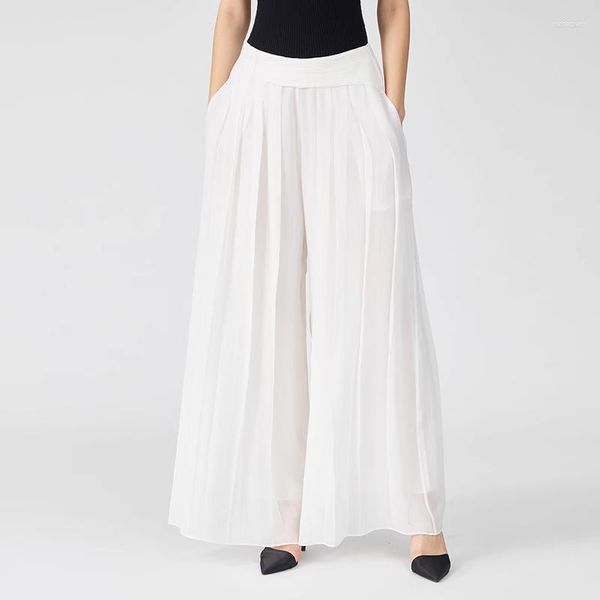 Calças femininas moda assimetria branco georgette seda plissado pantkirt escritório senhoras sólido culottes simples elegante perna larga ke597