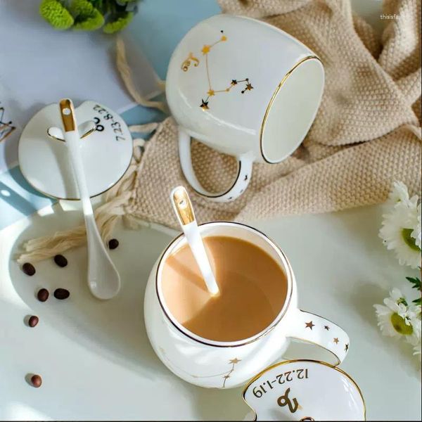 Tazze Tazza in ceramica creativa 12 Costellazioni Tazza con coperchio e cucchiaio Coppia acqua Bone China Caffè al latte