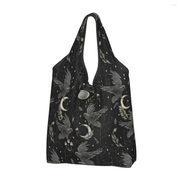 Sacos de compras reutilizáveis corvo lua saco mulheres tote portátil halloween assustador bruxa mantimentos shopper