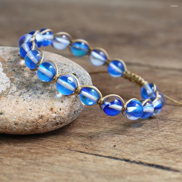 Charm-Armbänder für Damen, handgefertigter Schmuck, 8 mm, blaue Labradorit-Perlen, geflochtenes Armband, Freundschaft, Yoga, Bohemian-Stil