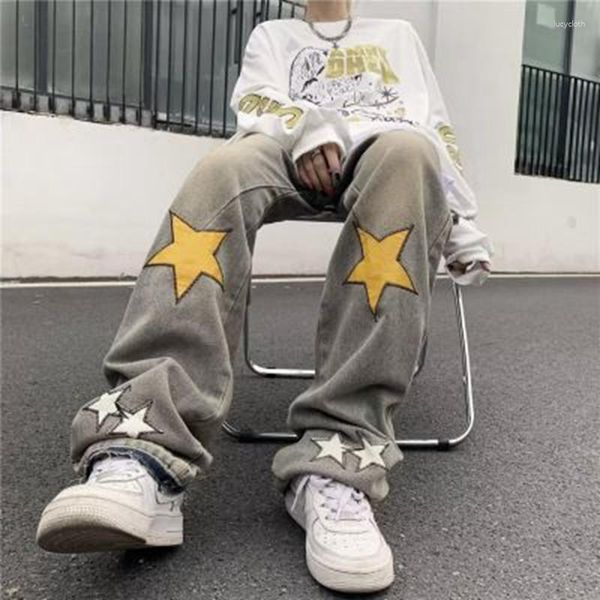 Erkek pantolon Amerikan yıldız baskılı kot pantolon düz gevşek geniş bacak hip-hop sokak trendi 2023 y2k sokak kıyafetleri