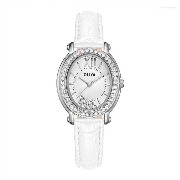 Armbanduhren Oliya Luxuriöse rollende Diamant-Mode-Damen-Ellipsenuhr, wasserdicht, langlebig, Quarz, mehrfarbig, Rindsleder für Damen