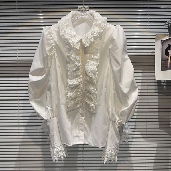Kadın bluzları prepomp 2023 Sonbahar Varış Uzun Fener Kollu Danteli Dantelli Kanca Çiçek Çiçeği Çırpı Beyaz Gömlek Kadınlar Gl620