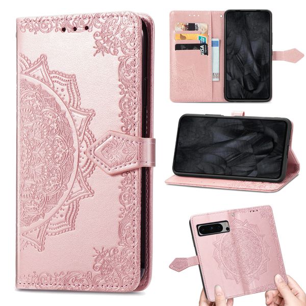 Capa de couro tipo carteira com mandala floral com impressão 3D para Google Pixel 8 Pro 7A 7 6A 6 5A 5 4 XL 4A Suporte para cartão Flip Stand Flor em relevo Capa de telefone Conque