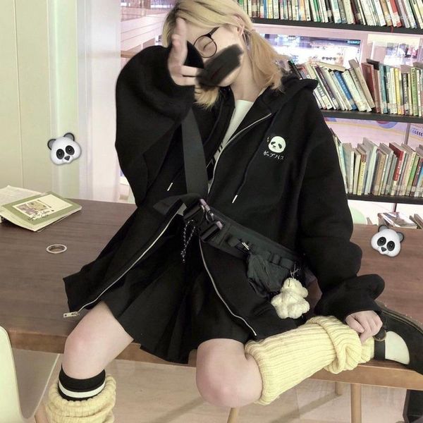 Damen Hoodies Kawaii Panda Ohr Zip Up Hoodie Schwarz Harajuku Reißverschluss Sweatshirts Gothic Langarm Koreanische Mode Frauen Süße Herbstmäntel