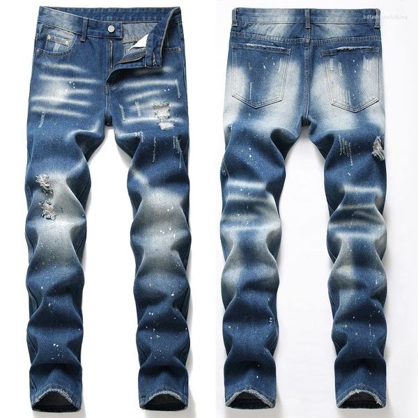 Jeans masculinos denim longo rasgado clássico gasto vintage regular ajuste estilo high street marca estiramento moda