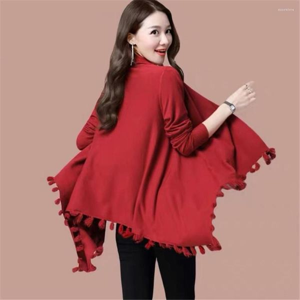 Frauen Strick 2023 Frühling Und Herbst Strickjacke Mittlere Länge Quaste Fledermaus Hemd Eingewickelt Mit Schal Casual Cape-Mantel