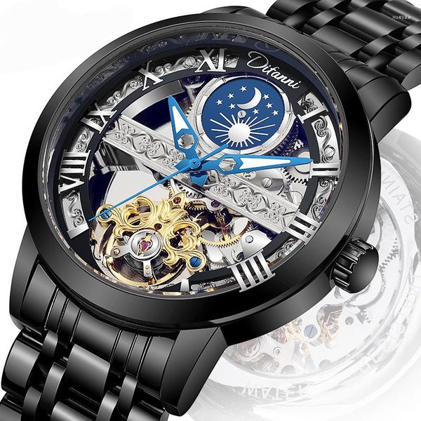 Armbanduhren Tourbillon Mondphase Armbanduhr Luxus Hohl 3ATM Wasserdicht Edelstahl Männer Automatische Mechanische Uhren Relojes Hombre
