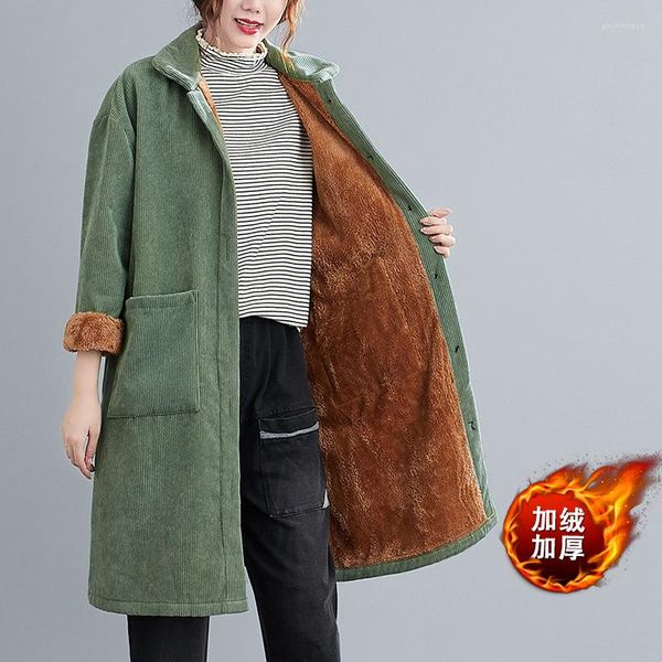 Trench da donna Cappotto invernale per donna Giacca lunga in velluto a coste di cotone Foderato in pelliccia Parka Retro Calore addensato Allentato Harajuku Moda coreana