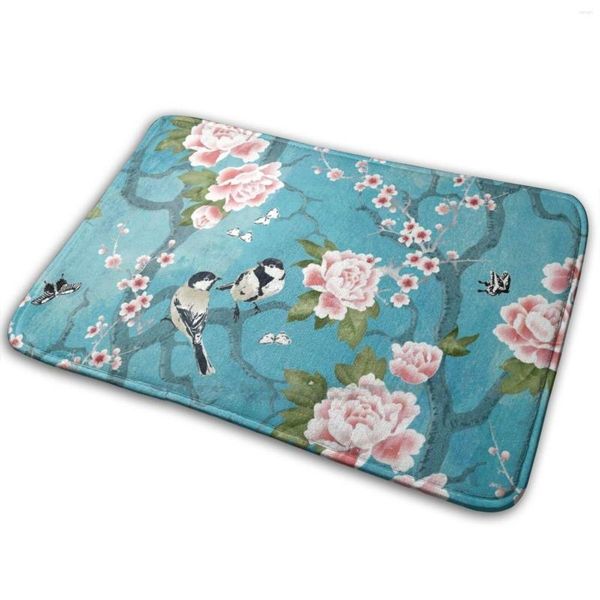 Tapetes Chinoiserie Pássaros em Turquesa Azul Tapete Tapete Anti-Slip Quarto Entrada Porta Adenaj Soft Rosa Floral Flores Peônia