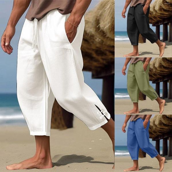 Pantaloni da uomo in lino estivo da spiaggia tinta unita con orli aperti per tasche da allenamento da uomo Cute Memory Boy