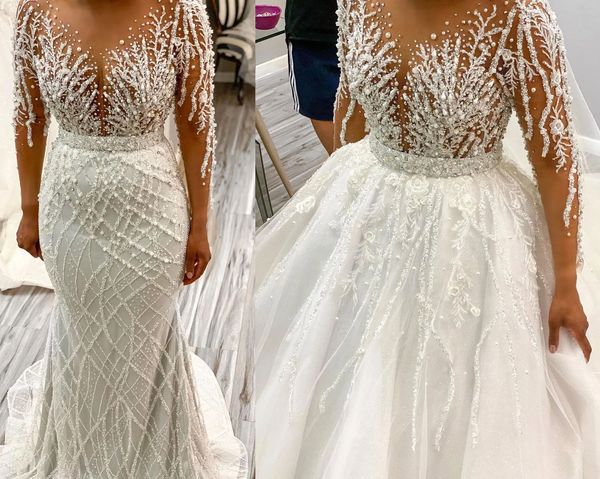 2024 Sirena Morden Abito da sposa africano Treno staccabile Illusion Neck Maniche lunghe Pesante lavoro manuale Perline Paillettes Abiti da sposa Abiti da sposa