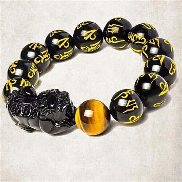 Strang Kostbares natürliches schwarzes Obsidian-Armband für Damen und Herren, Stretch-Gold, sechs Wörter, Pi-Xiu-Form, Kraft, runde Perle, 14 mm, 16 m, 18 mm