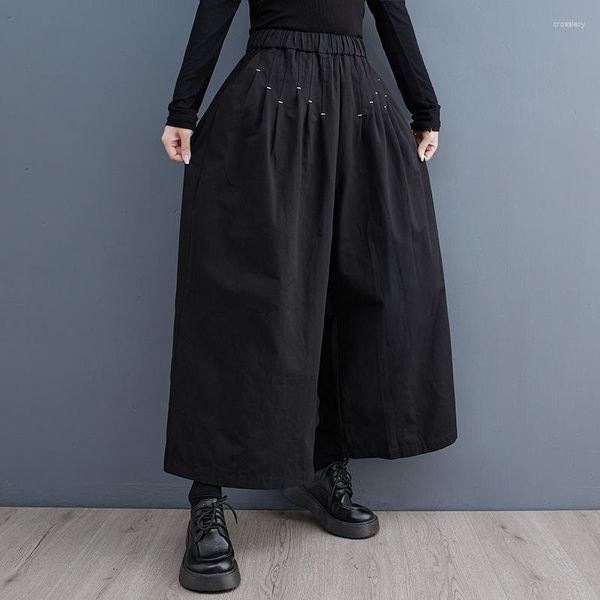 Pantaloni da donna Stile coreano giapponese Pieghe Ricamo Vita alta Chic Sciolto Nero Cachi Autunno Gamba larga Moda Donna Primavera Casual