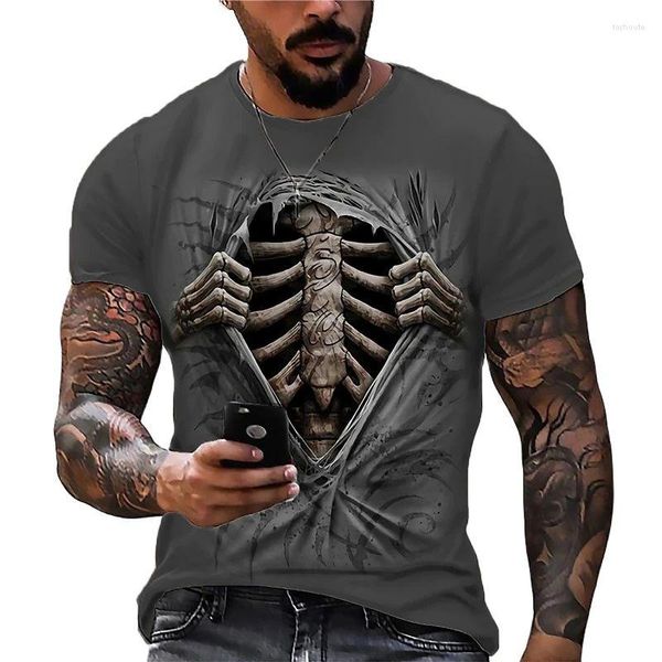 Homens camisetas 2023 T-shirt vintage com 3D Horror Crânio Impressão Desgaste Clássico Casual Verão Redondo Pescoço Mangas Curtas Oversiz