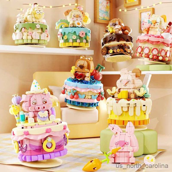 Blöcke Kreative Nette Kuchen Bausteine Kaninchen Bär Hund Teetasse Kuchen Modell Montage Spielzeug Desktop Dekoration kinder Geschenk R230907