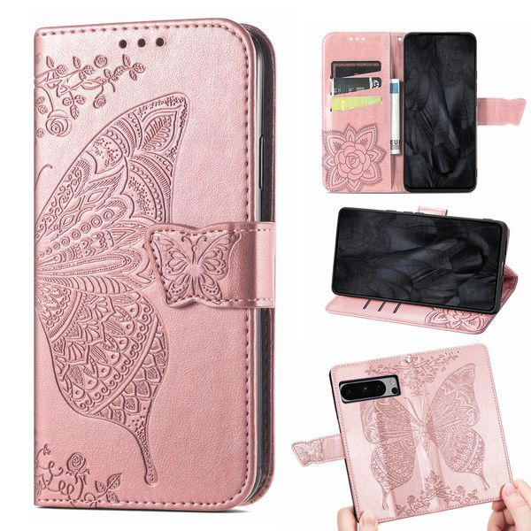 Capas de couro carteira borboleta com impressão 3D para Google Pixel 8 Pro 7A 7 6A 6 5A 5 4 XL 4A Suporte para cartão Flip Stand Flor em relevo Capa de telefone Conque