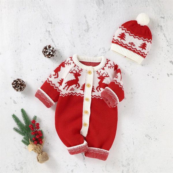 Set di abbigliamento 2023 Baby 0-18m Born Infant Girls Boys Costumi di Natale Lavorato a maglia a maniche lunghe Cervo Pagliaccetto Tuta Caldi vestiti di Natale