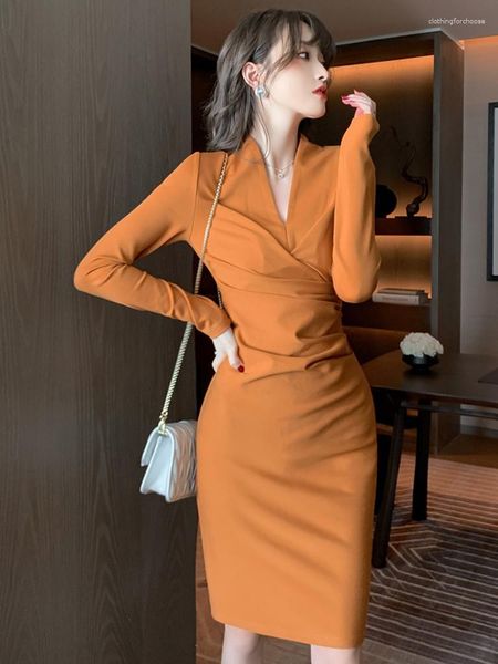 Casual Kleider Frühling Kleid Frauen 2023 Elegante Professionelle Sexy Langarm Falten Dünne Bodycon Midi Dame Kleidung Straße Büro Vestido