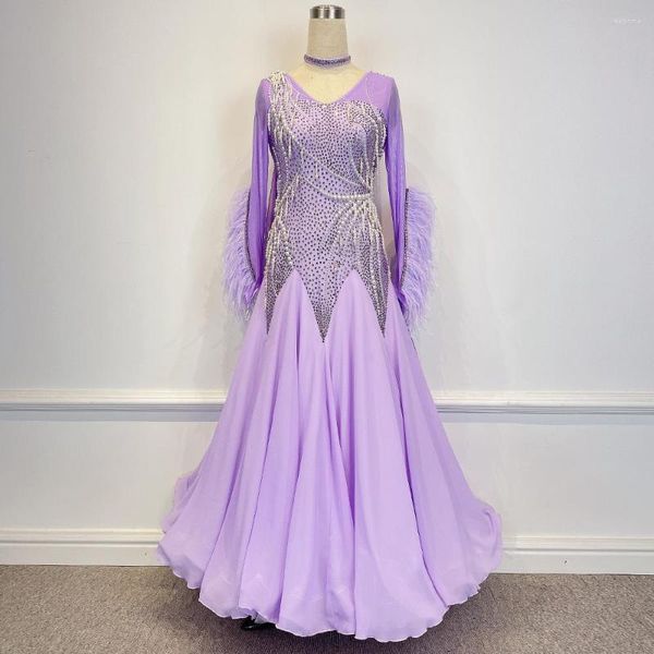 Palco desgaste peidance design personalizado luz roxo moderno dança vestido de salão mulheres valsa traje com plumas de avestruz