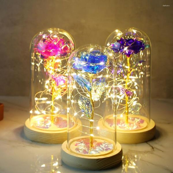 Fiori decorativi 2023 LED incantata eterna rosa 24K lamina d'oro fiore fata luci della stringa in cupola per Natale regalo di San Valentino in legno