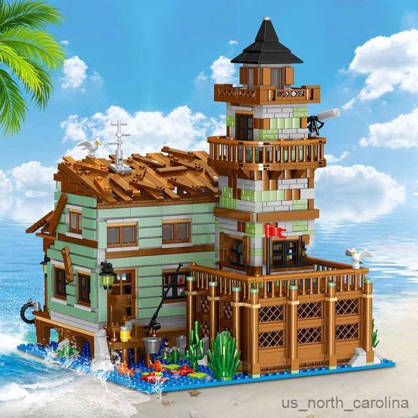 Blocos criativos micro pescador cabine cais casa de madeira modelo blocos de construção rua vila de pesca montar brinquedo presente do miúdo r230907