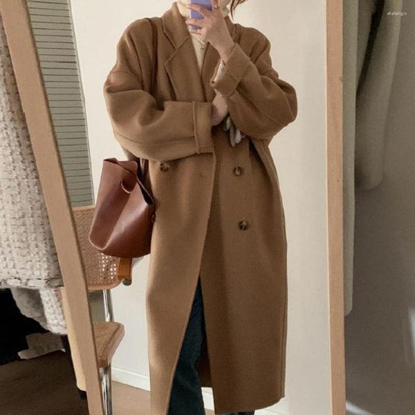 Damenjacken Frauen Winter Wollmantel Verdickter Zweireiher Langer Stil Einfarbige Ärmel Lose Revers Kerbkragen Taschen Trench Co