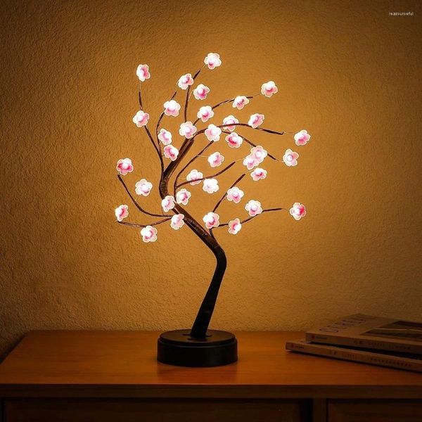 Fiori decorativi 36 LED Lampada da tavolo bonsai con luce notturna a forma di fiore di ciliegio Lampada da tavolo bonsai alimentata tramite USB o batteria Luci natalizie per feste al coperto