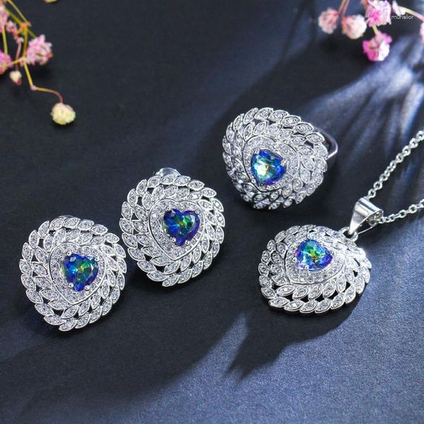 Colar brincos conjunto threegraces exclusivo místico azul zircônia cúbica cristal coração forma anel para mulheres moda jóias js636